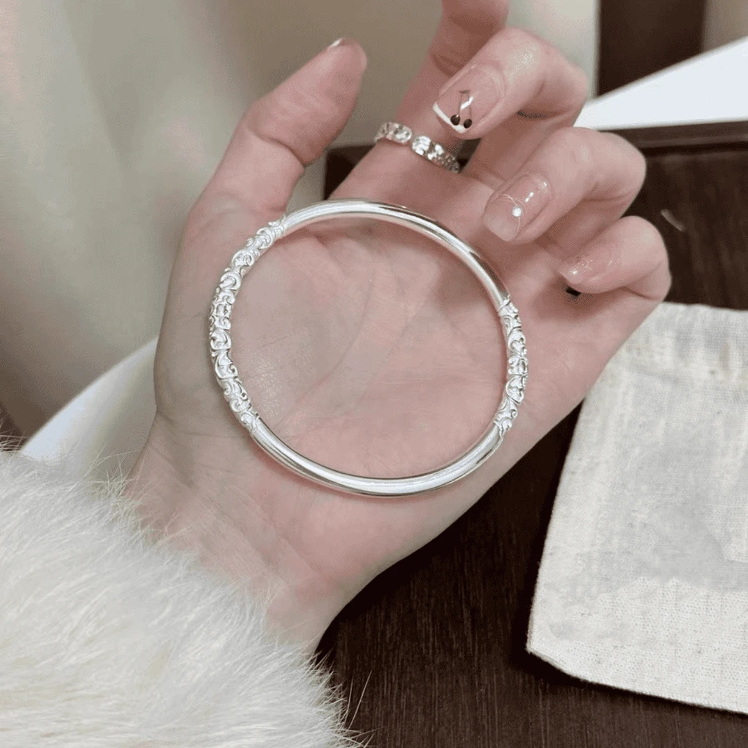 足银手镯 卷草纹手镯纯银999手镯实心古法闭环母亲节礼物生日礼物