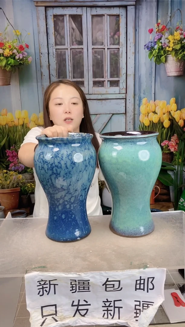 017蓝绿鱼尾陶盆两个装 口15高26