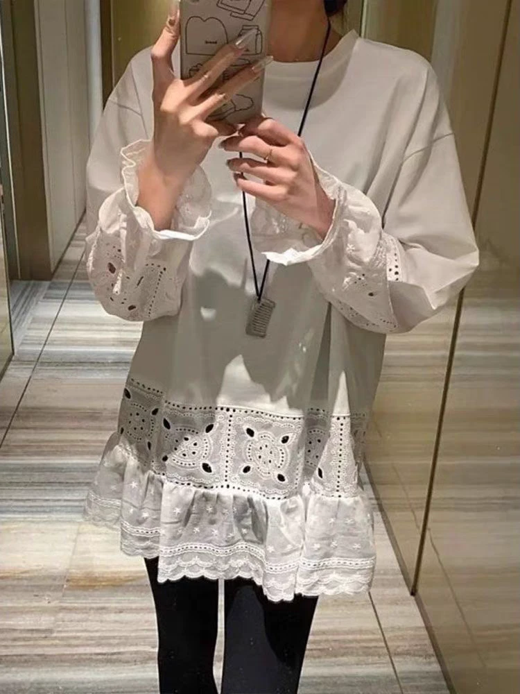 设计感下摆镂空蕾丝圆领卫衣宽松上衣