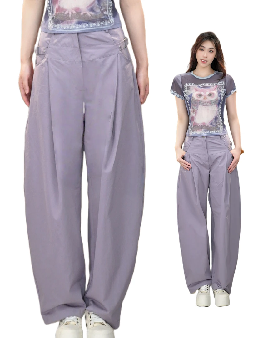 夏季2025新款设计百搭复古紫色休闲阔腿裤春高腰宽松慵懒风休闲裤