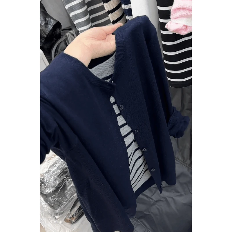 秋冬设计感假两件藏青色针织开衫女2025新款大码显瘦高级小众上衣