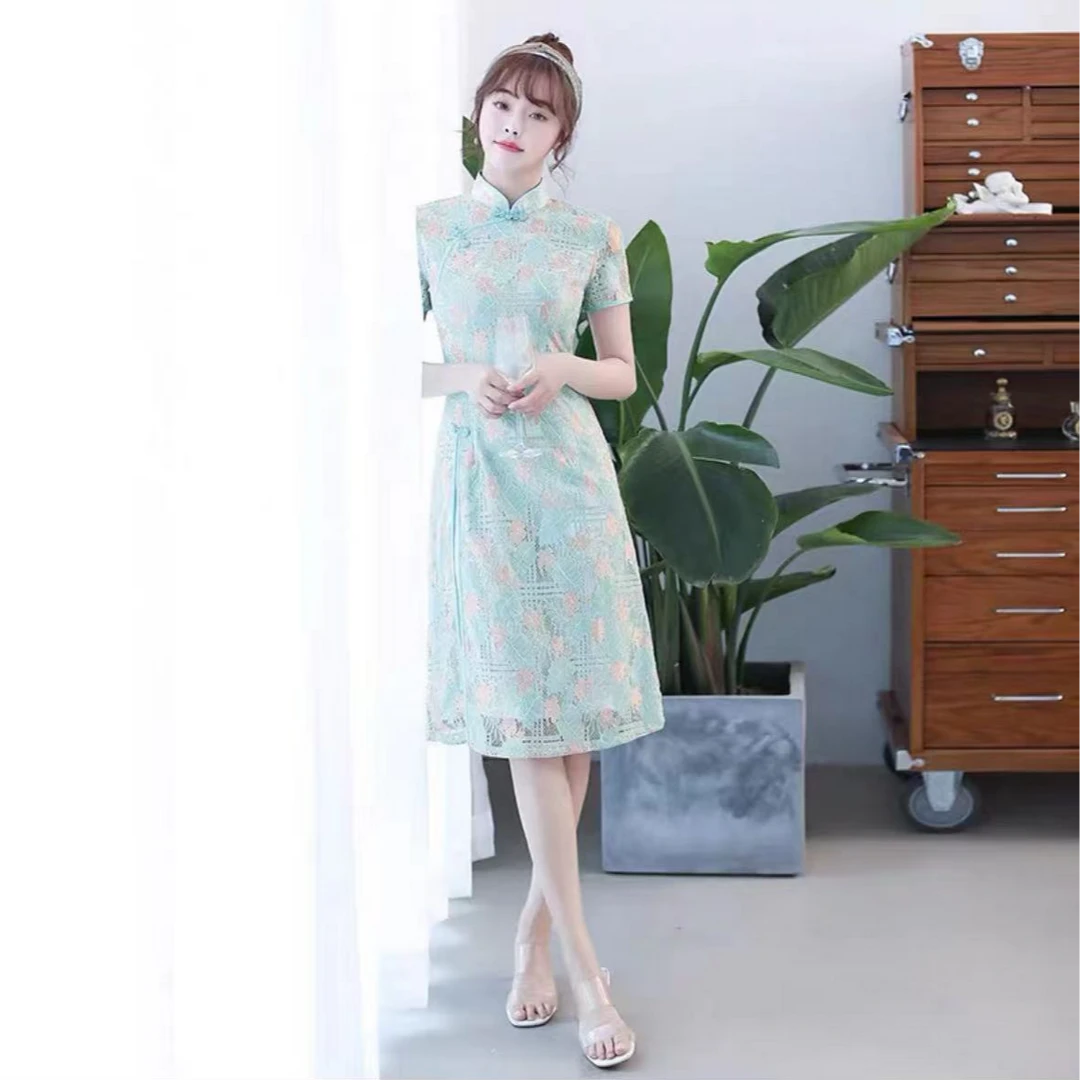 428-湖绿色 叶子 前开叉 奥戴 旗袍