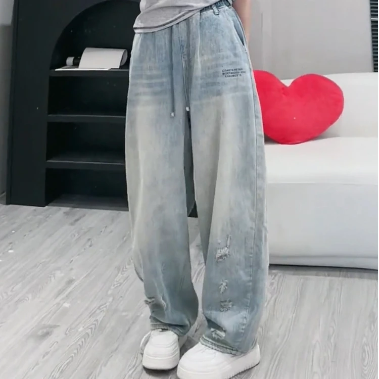 字母提花破洞宽松阔腿秋季新款松紧腰牛仔裤女款爆款2025新款