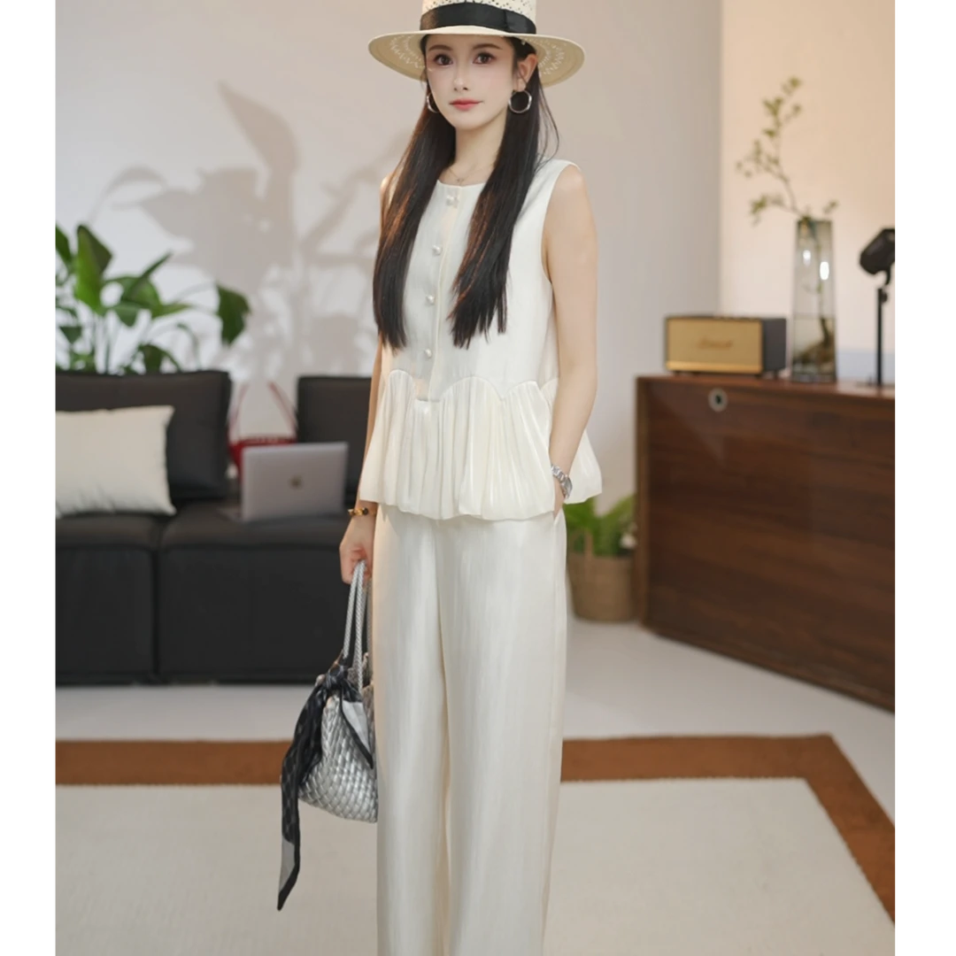 【YO YO】2025年夏女装法式珠光感圆领珍珠上衣裤子套装88935