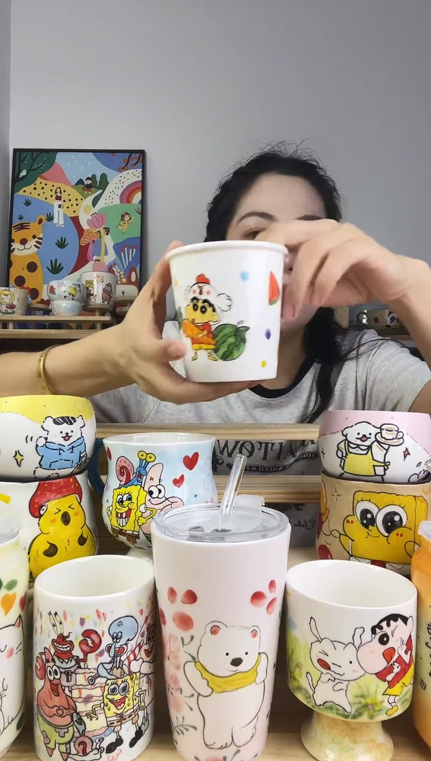 瓷片景德镇高温釉下彩陶瓷手绘卡通动物创意