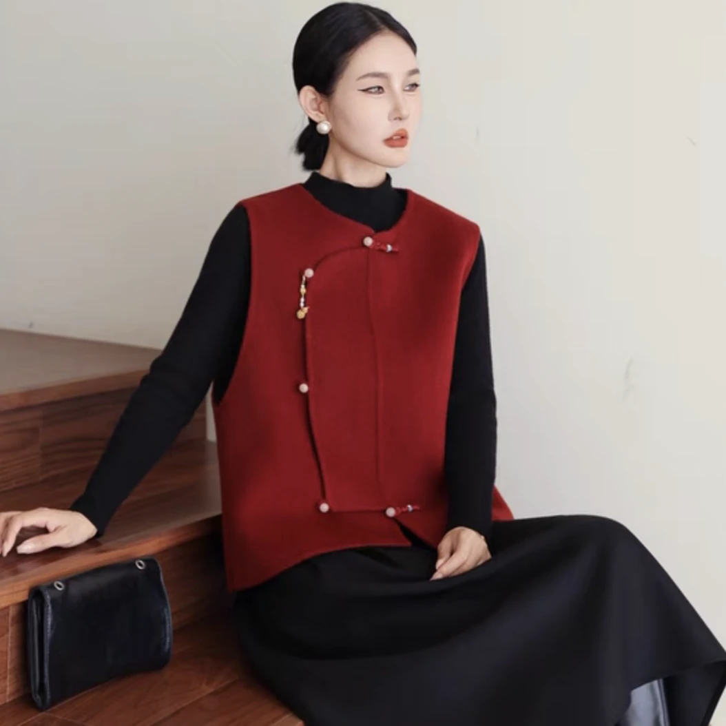 金色葫芦短款圆领马夹春秋红色小香风双面羊绒显瘦时尚