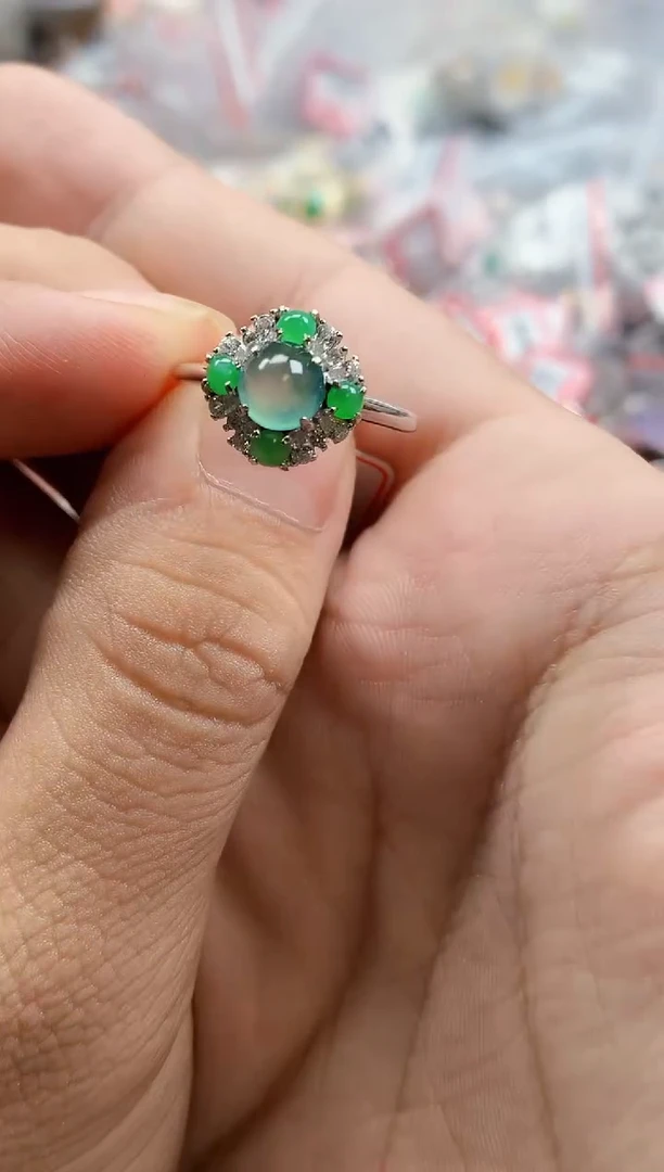 银S925镶嵌戒指翡翠天然A货缅甸翡翠