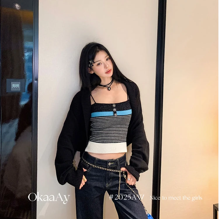 2025秋季新款撞色小香风抹胸吊带上衣慵懒短款针织开衫外套两件套