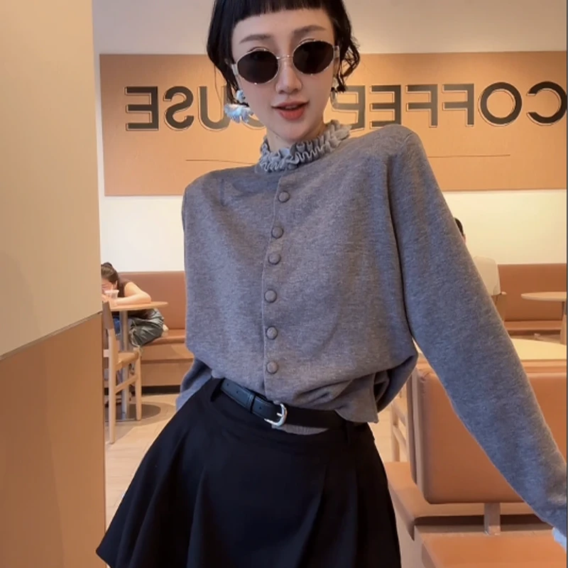 XIAOBAI 秋季木耳边针织衫洋气设计感长袖上衣显瘦百搭毛针织开衫