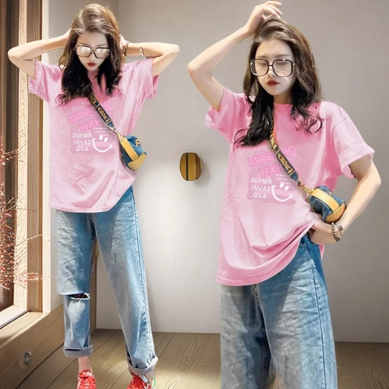 mnmf夏装韩版大码宽松套头粉色圆领短袖T恤女胖mm休闲百搭上衣潮
