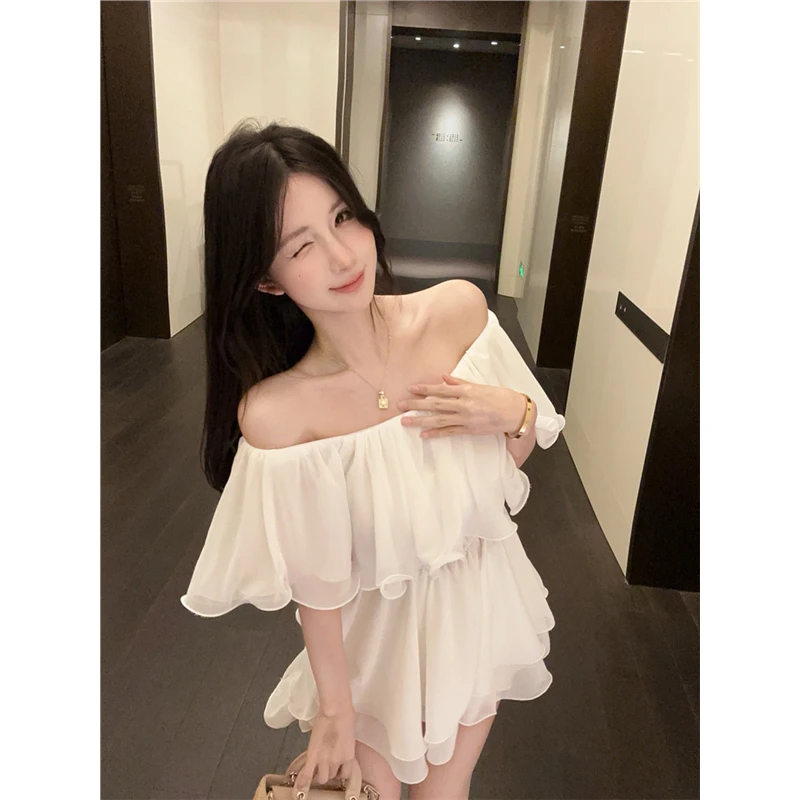 超仙荷叶边雪纺衬衫女夏季独特绝美法式一字肩上衣巨好看收腰衬衣