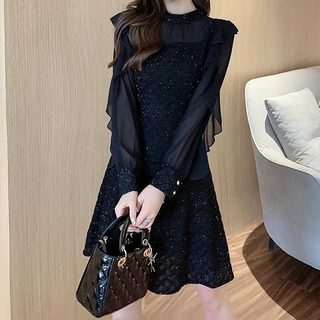 双节大促—假两件银丝植入气质荷叶边连衣裙42