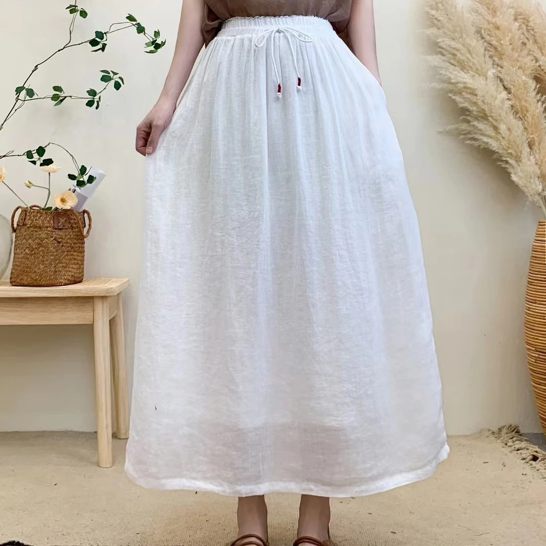 【如初】纯苎麻半身裙带抽绳宽松休闲百搭减龄大摆显瘦双层