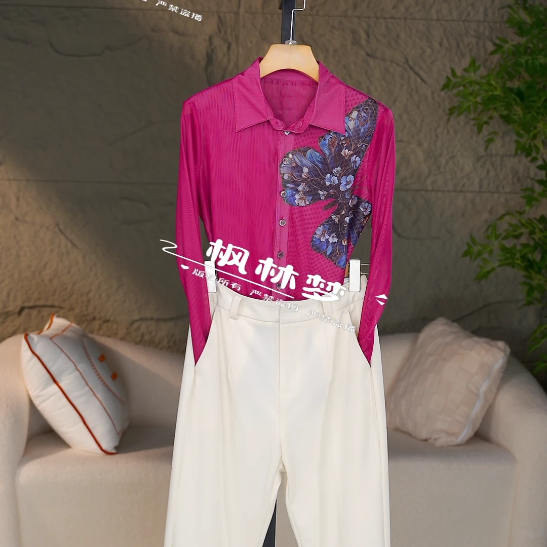 2025春装新款记忆纱气质修身显瘦时尚休闲长袖衬衫女上衣印花轻奢