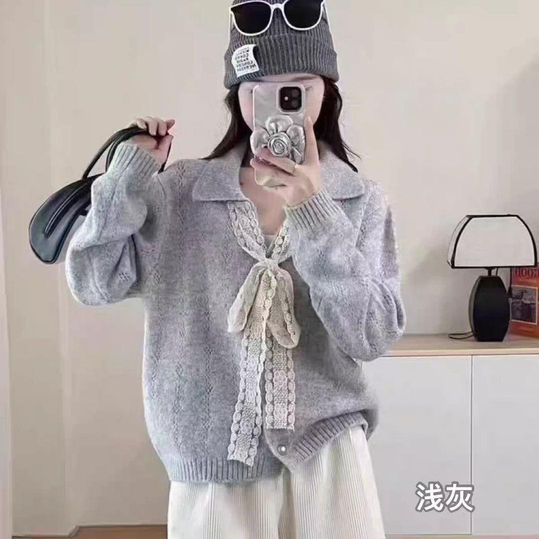2025设计感气质系带蝴蝶结V领毛衣开衫洋气减龄秋季针织衫女