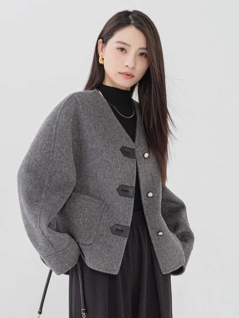 【沐森家】2024新款高品质短款休闲气质百搭双面呢大衣毛呢外套2442