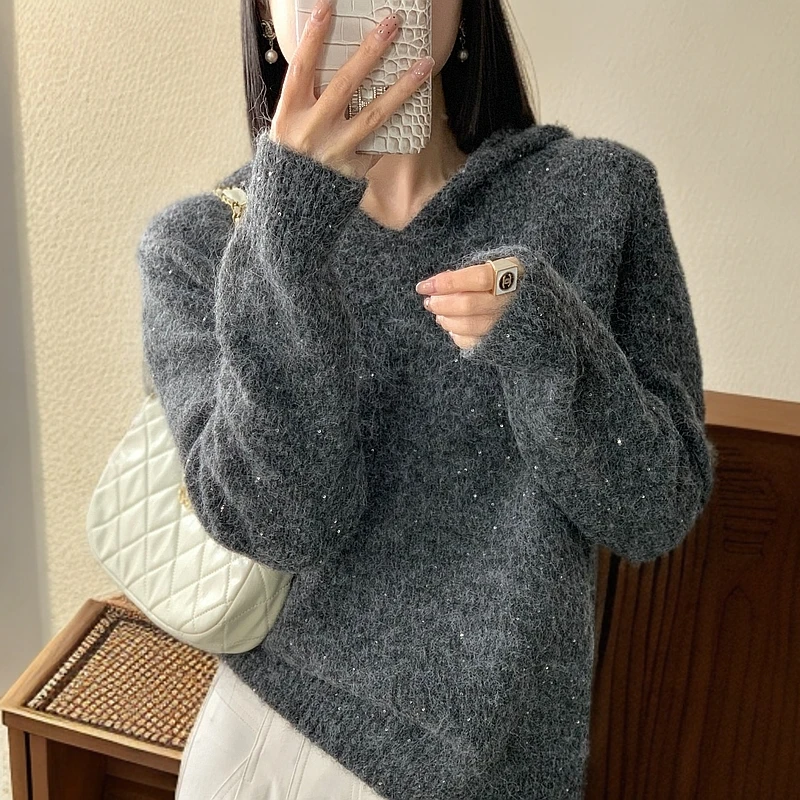 【芊荨精选】秋冬气质显瘦复古减龄重工亮片百搭连帽针织衫S488#