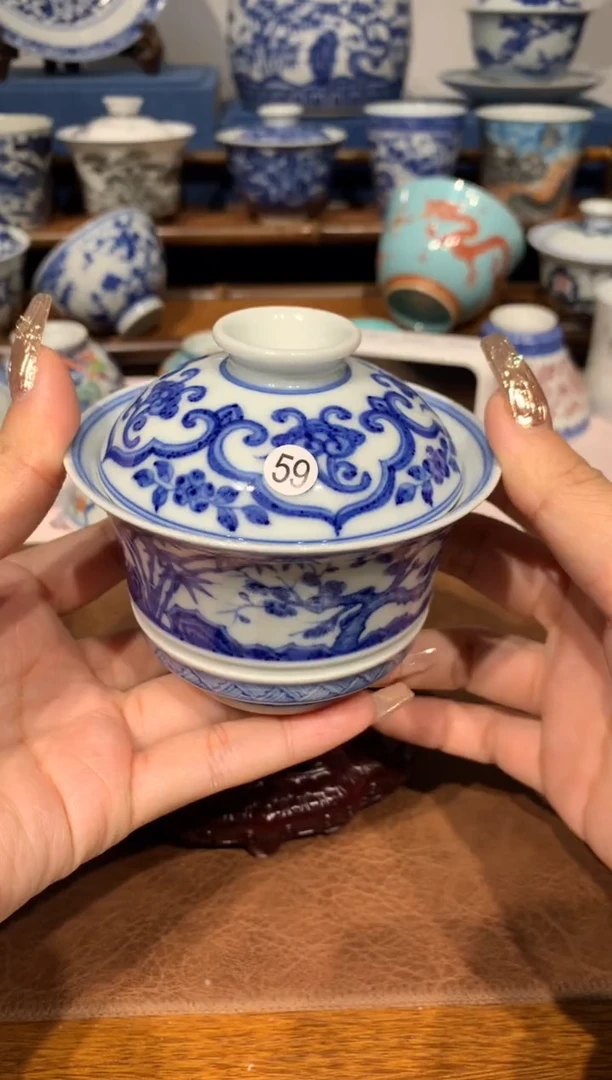 【闪购商品】摆件59青花松竹梅马蹄盖碗微瑕
