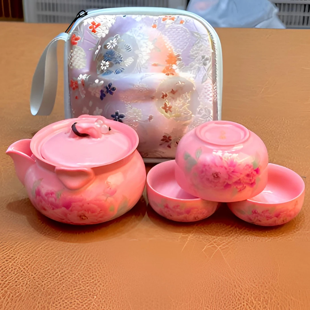 KK0608-粉里透红猪油冻牡丹花一壶三杯旅行茶具