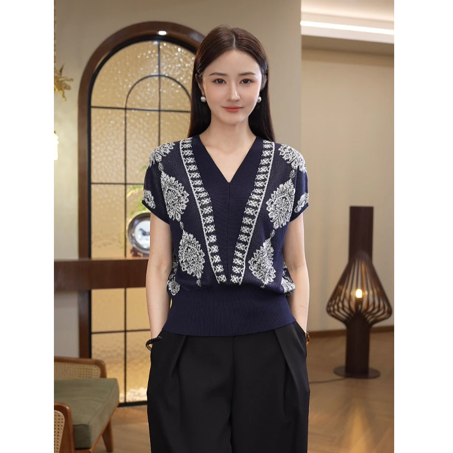 现货2025夏季新款【LT-1173JR】百搭感莱赛尔V领织花针织衫上衣女装