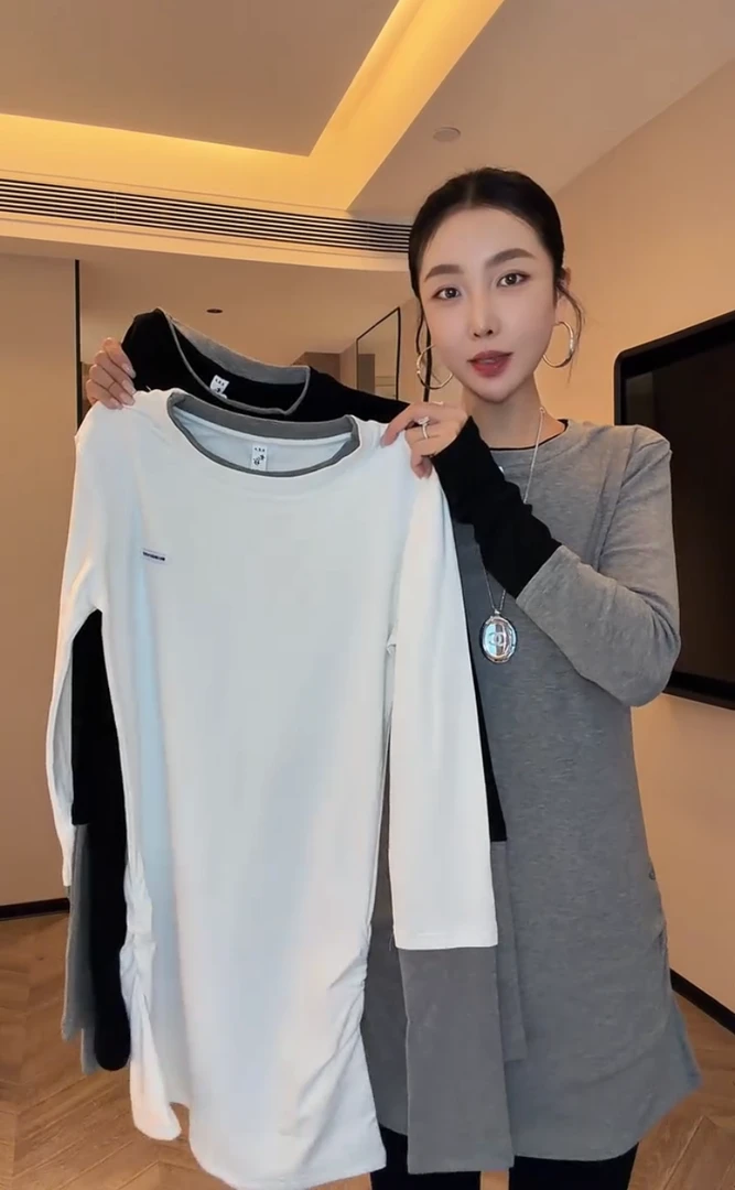 欧货冬季新款拼接修身型中长款长袖休闲风T恤气质时尚圆领显瘦女