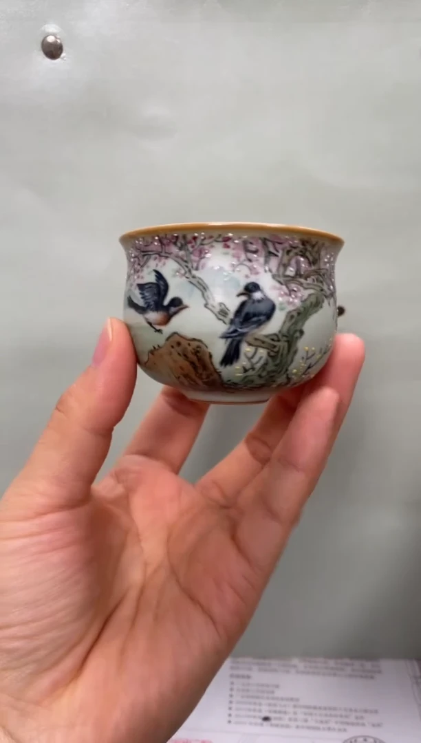杯子瓷余秀华手绘圆融杯（桃花喜鹊）