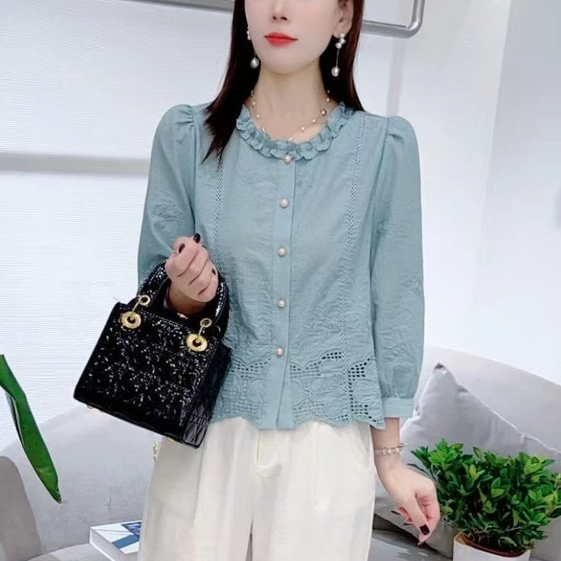 100%纯棉时尚衬衫秋季新款显瘦设计感小众七分袖上衣百搭衬衣女
