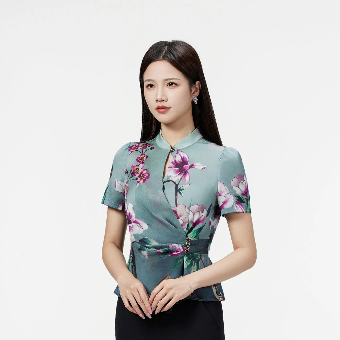 SUSSI/古色立领斜襟短袖印花上衣气质时尚女士夏季复古春夏中式