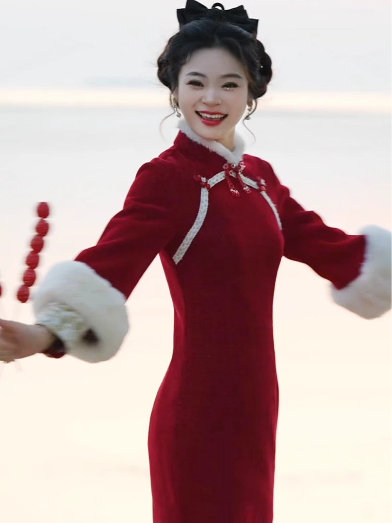 [花想容]冬季新款新中式加厚气质旗袍日常款修身复古优雅