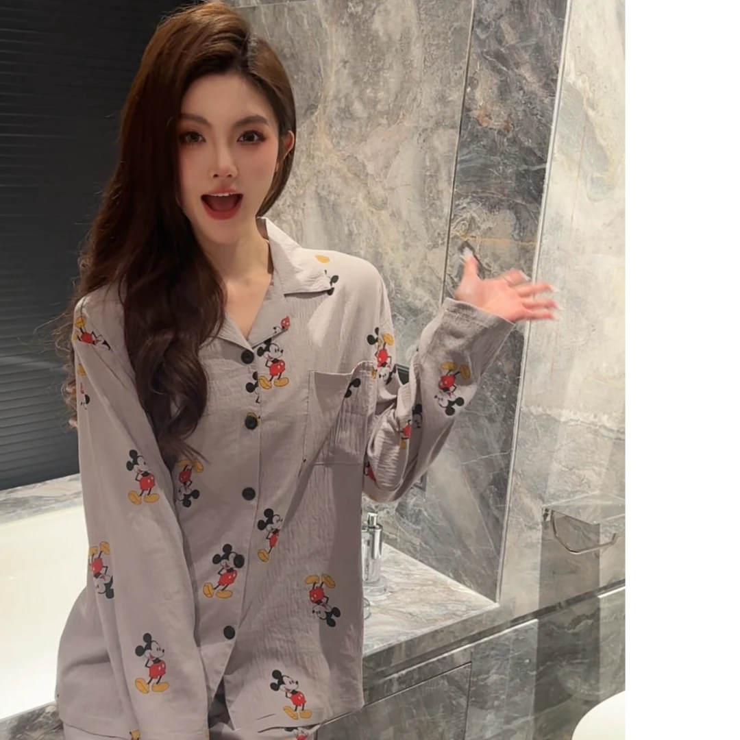 网红新款灰色米奇印花春秋季休闲薄款长袖长裤女士睡衣家居服套装
