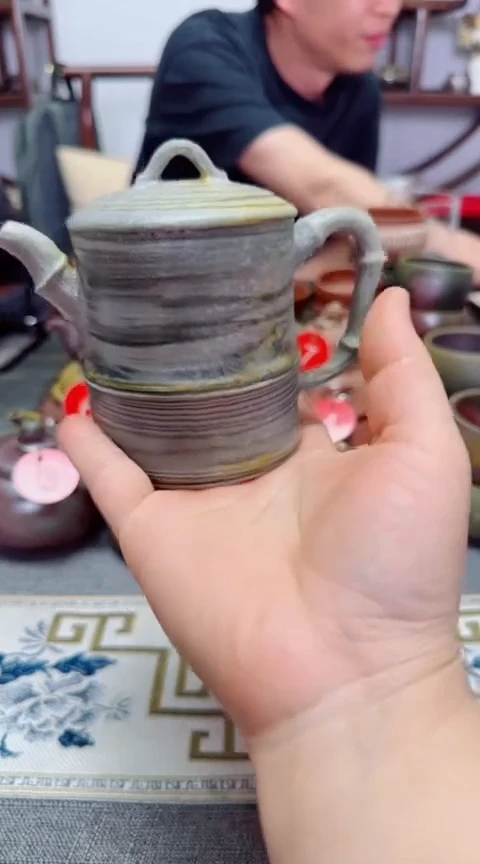 泥塑柴烧白泥壶，原矿全手工，竹节