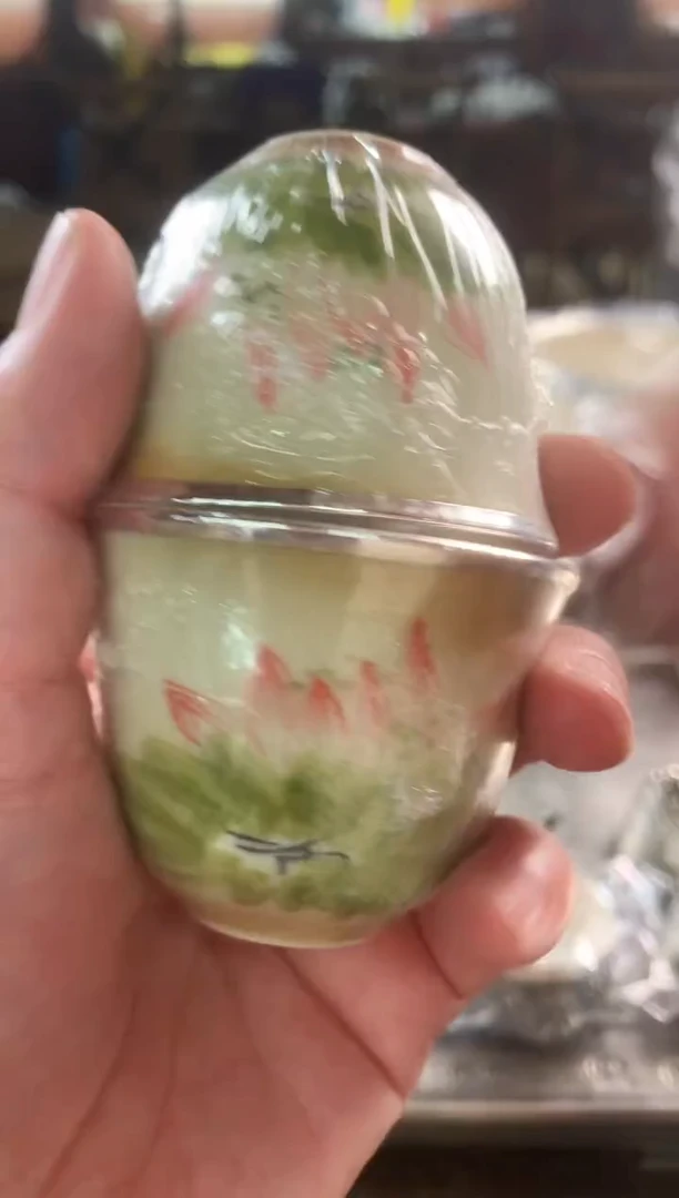 【闪购商品】足银999景德镇荷花瓷包银客杯一对