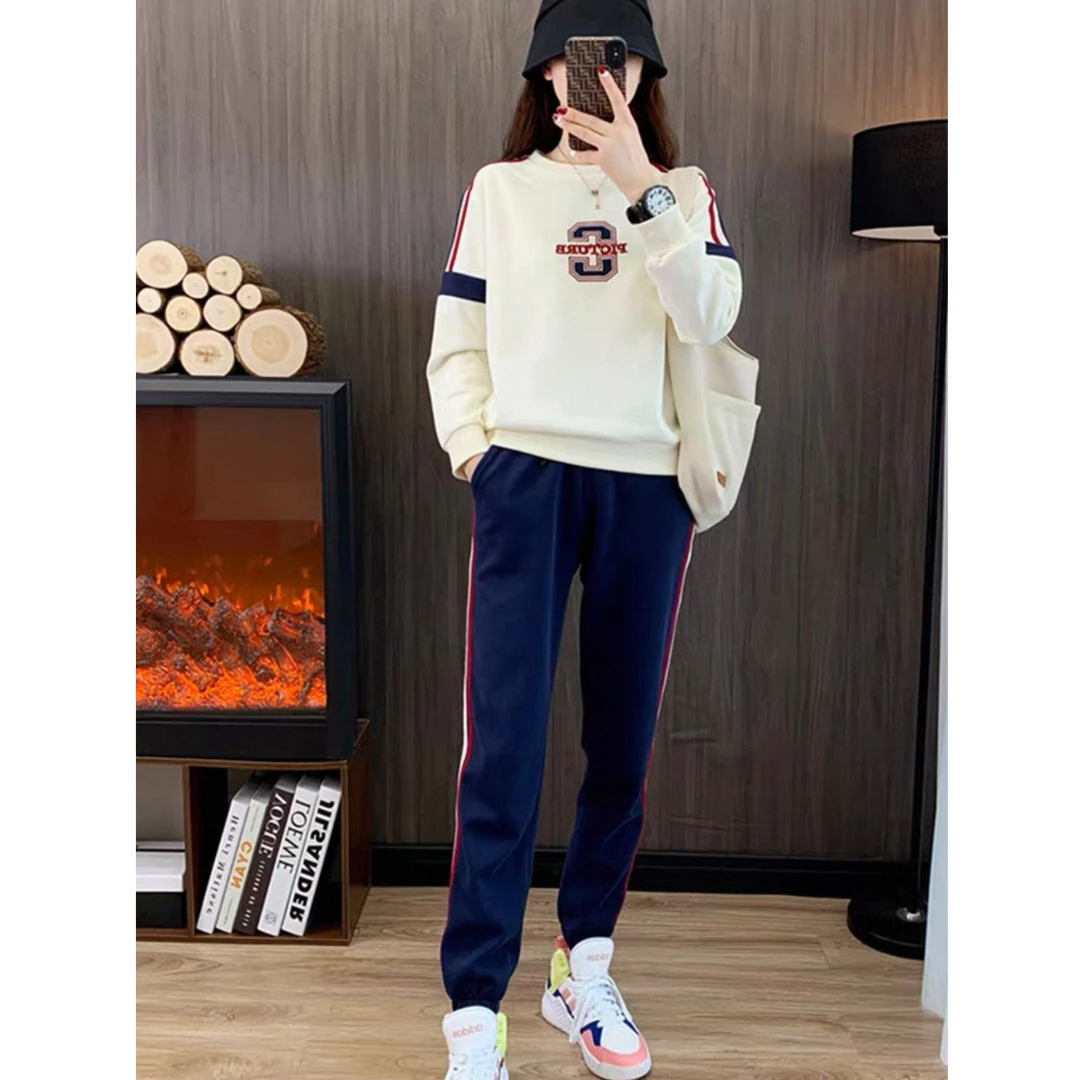 A8382圆领撞色边条卫衣+束脚休闲卫裤两件套休闲套装
