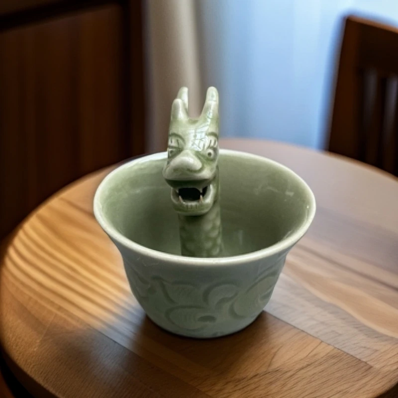 耀州窑青瓷手工刻花菊纹龙头陶瓷倒流壶公道杯耀州窑倒流壶公道杯