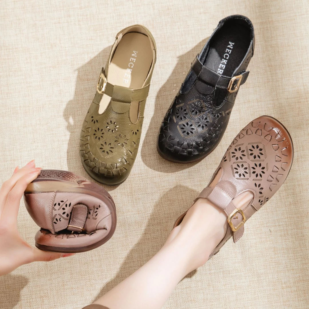 3143夏季包头真皮镂空洞洞鞋休闲透气轻便防滑软底中老年妈妈鞋