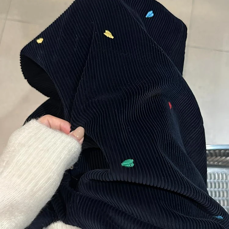 藏青色爱心刺绣灯芯绒阔腿裤冬加厚女款大码小个子九分气球灯笼裤