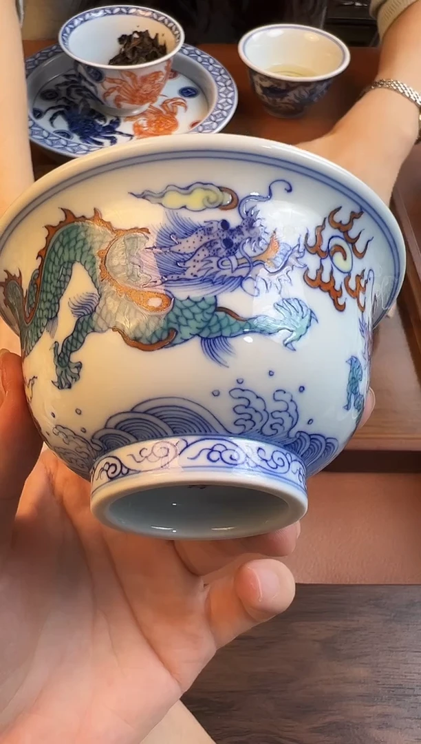 问青坊纯手工手绘斗彩龙纹柴窑压手杯