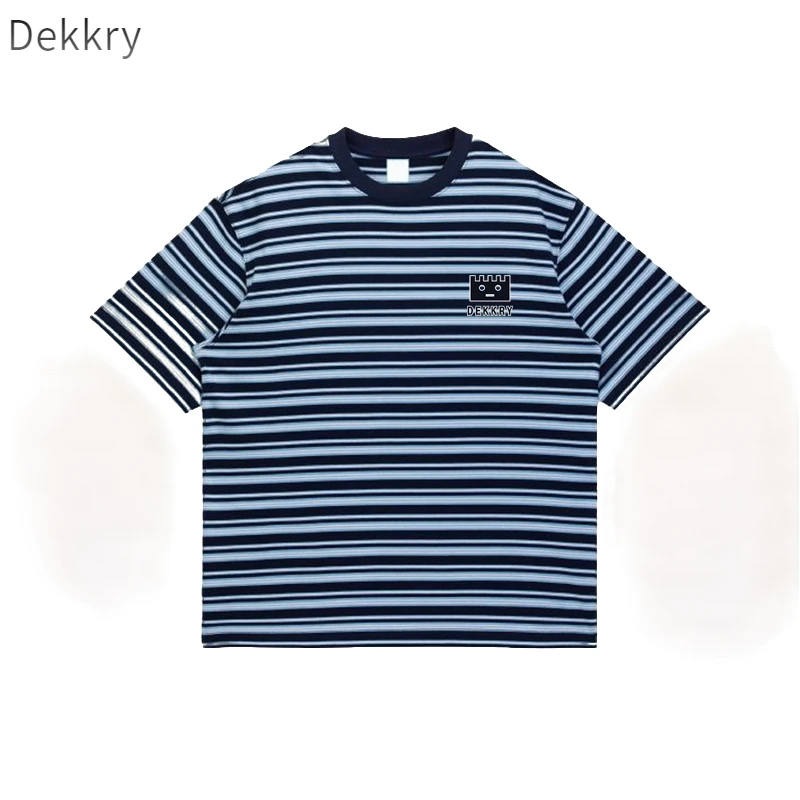 【Dekkry】夏季方块表情百搭宽松休闲情侣美式蓝色条纹短袖T恤男女
