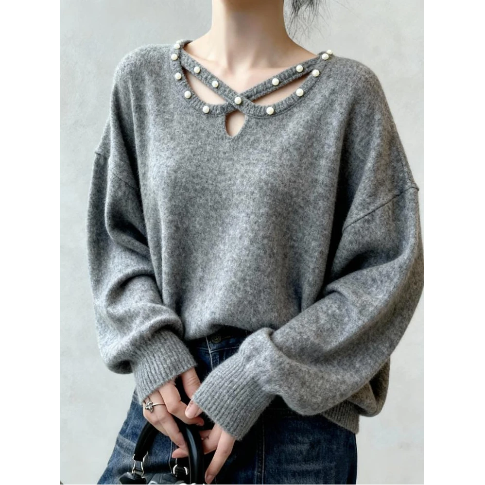 奶糯温柔风设计感套头针织上衣女秋冬季新款显瘦灰色高级感打底衫