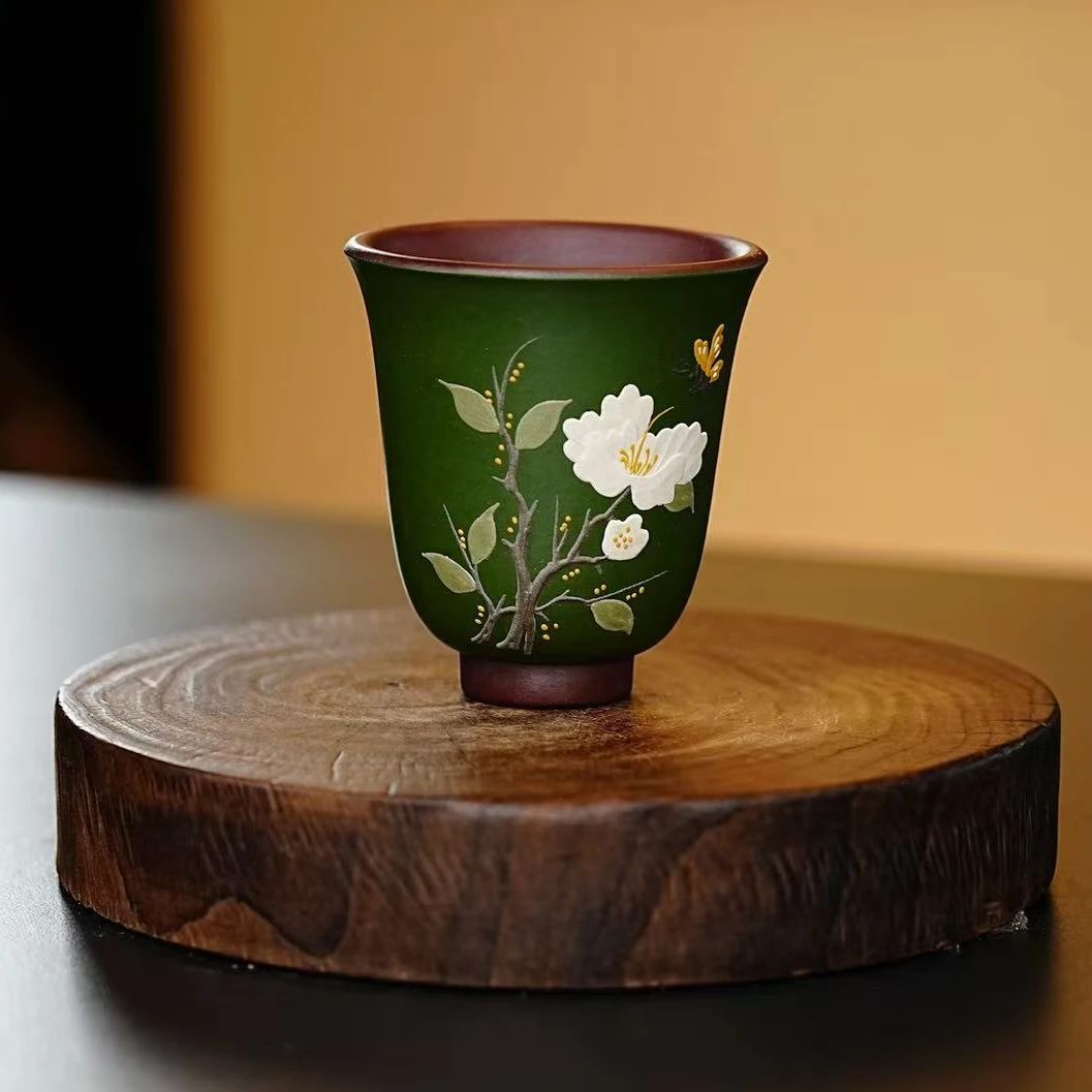 宜兴茶具 双色粉浆蝶恋花手工泥绘堆绘精美闻香紫砂主人杯