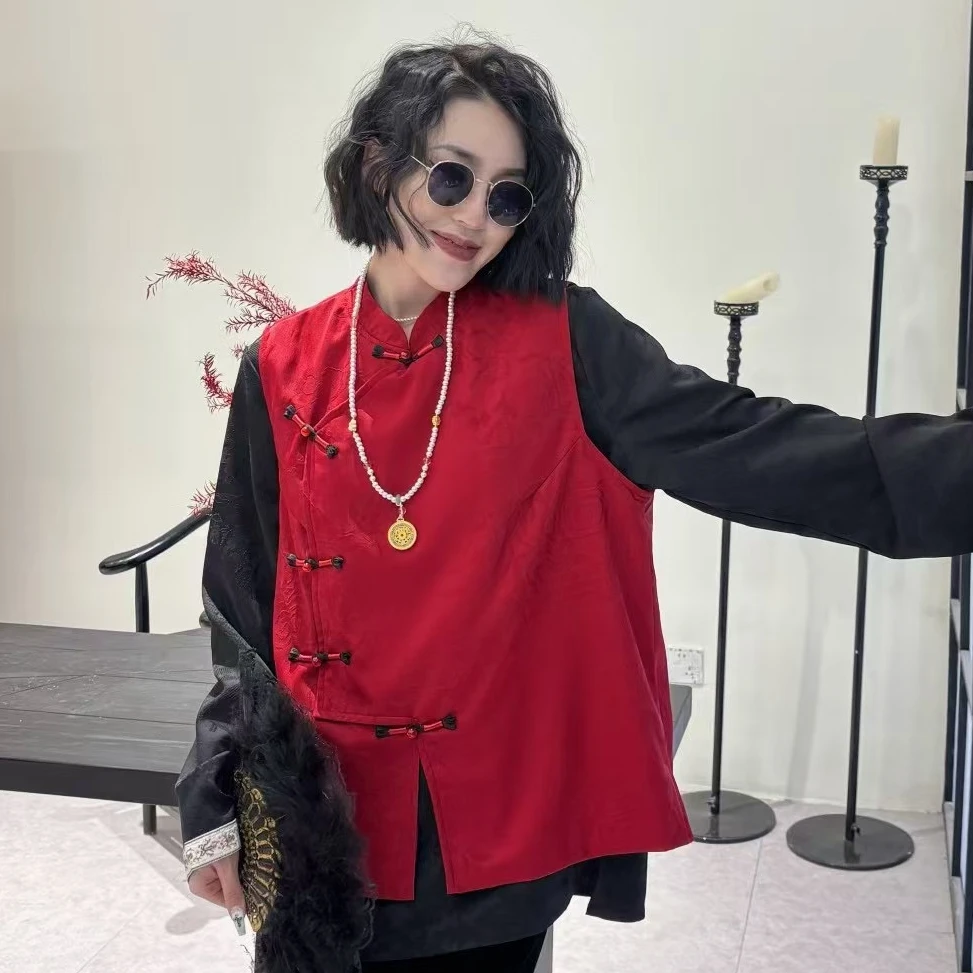 新中式纯色提花坎肩马甲背心女宽松春秋高端国风盘扣唐装外套上衣