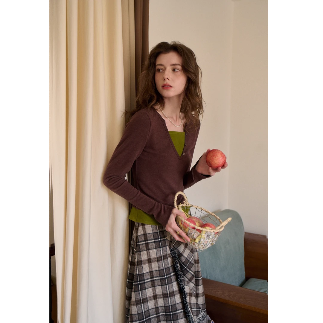 SimpleRetro复古拼接假两件打底衫T恤女