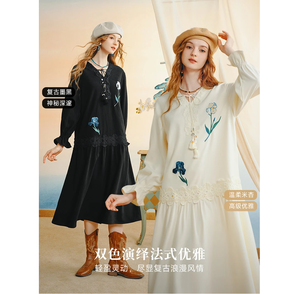 两三事梵高文艺鸢物信语绣花蕾丝花边拼接绑带连衣裙S25QLY340
