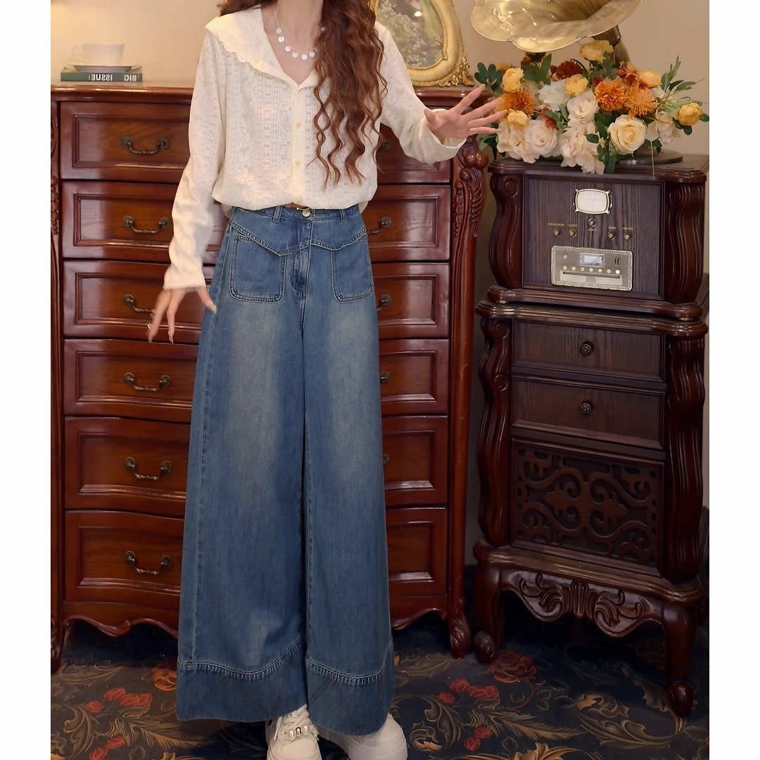 港风复古蕾丝衬衫女宽松显瘦上衣+百搭阔腿牛仔长裤套装LK2505887