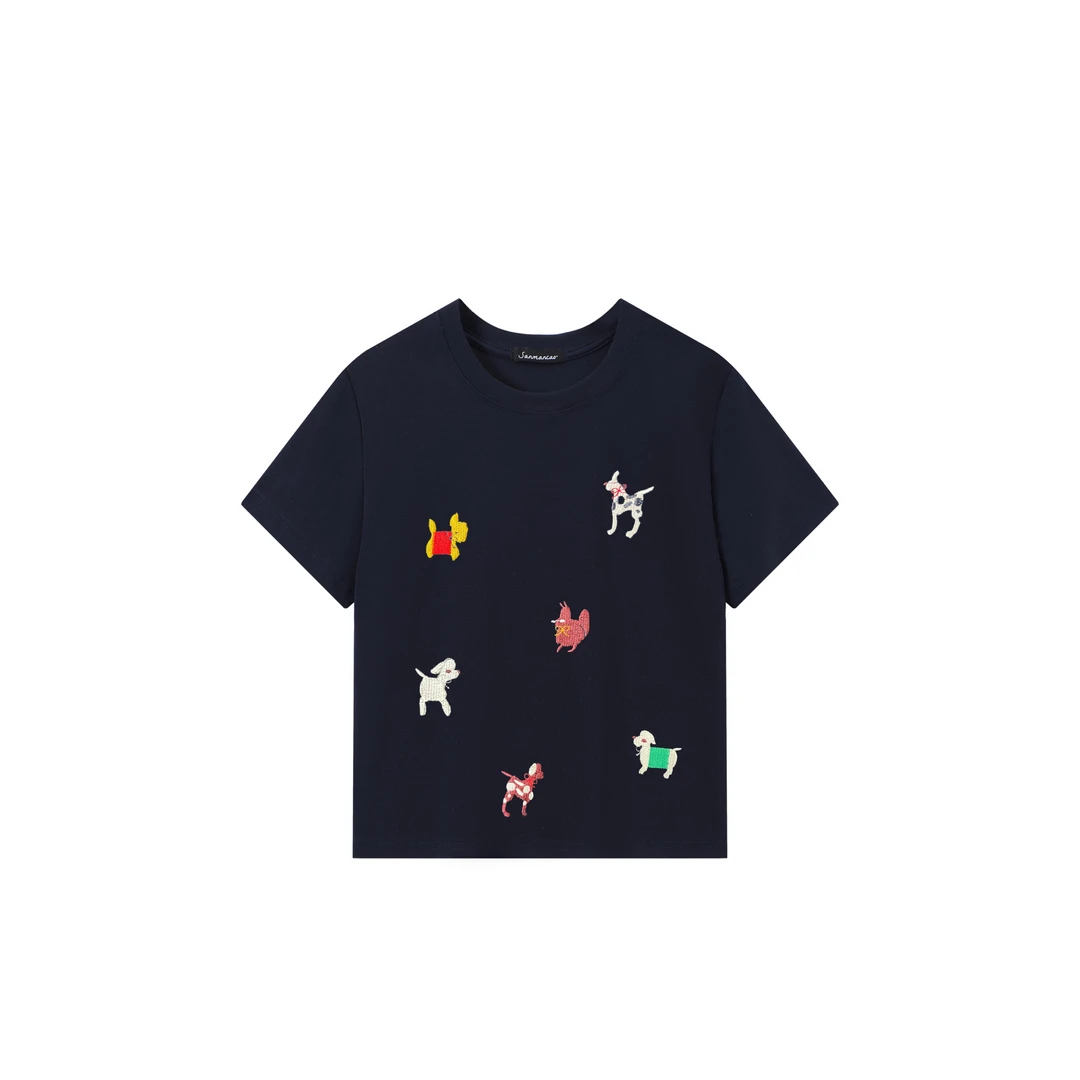 【狗狗多多】早春时尚小狗刺绣休闲百搭T恤女款修身显瘦圆领棉短袖