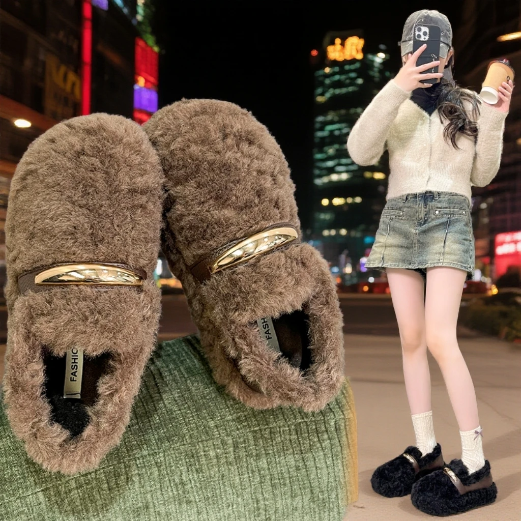 厚底超火一脚蹬毛毛鞋子女冬季加绒保暖2025新款爆款勃肯棉鞋外穿
