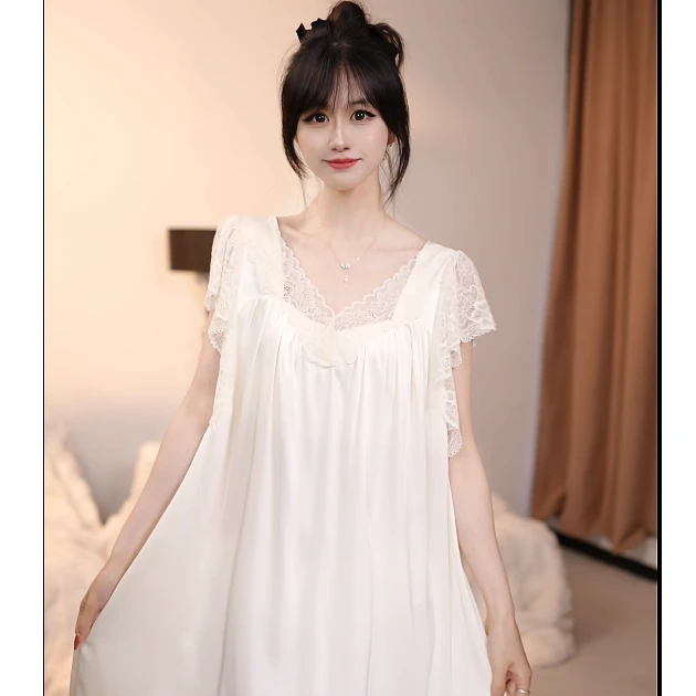 查理夫人【茉清】短袖气质睡裙家居服蕾丝显瘦白色时尚夏季优雅