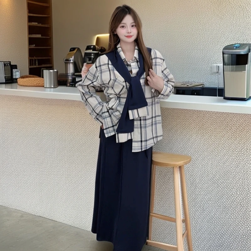 【古萱雅】显瘦慵懒风时尚格纹披肩百搭时尚套装网红宽松套装通勤