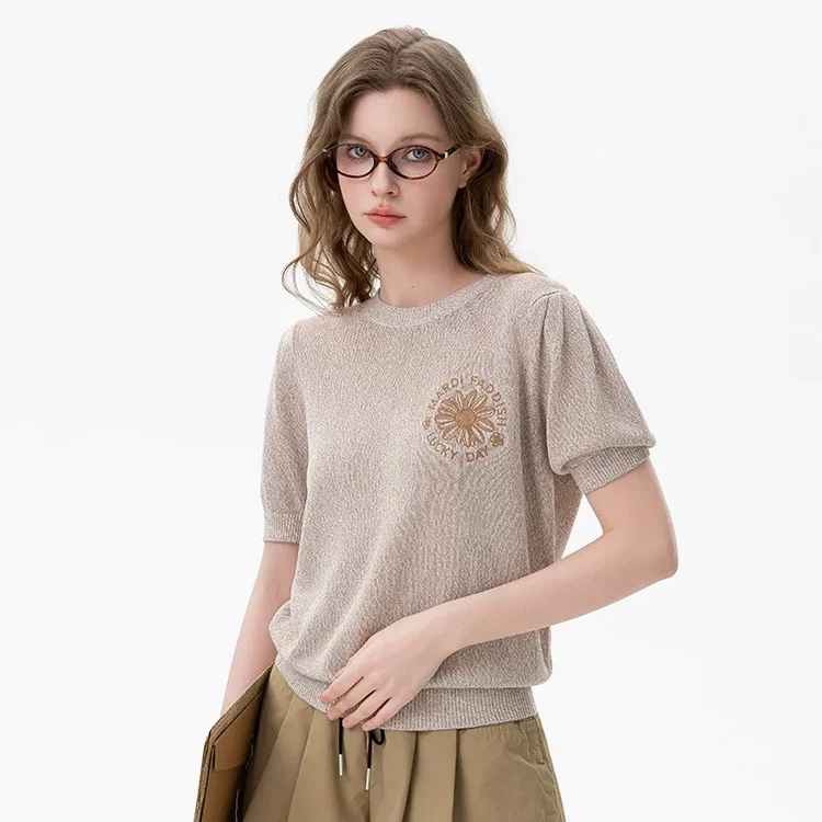 MARDI/玛尔帝小雏菊刺绣莫代尔针织短袖25春夏简约气质显瘦上衣