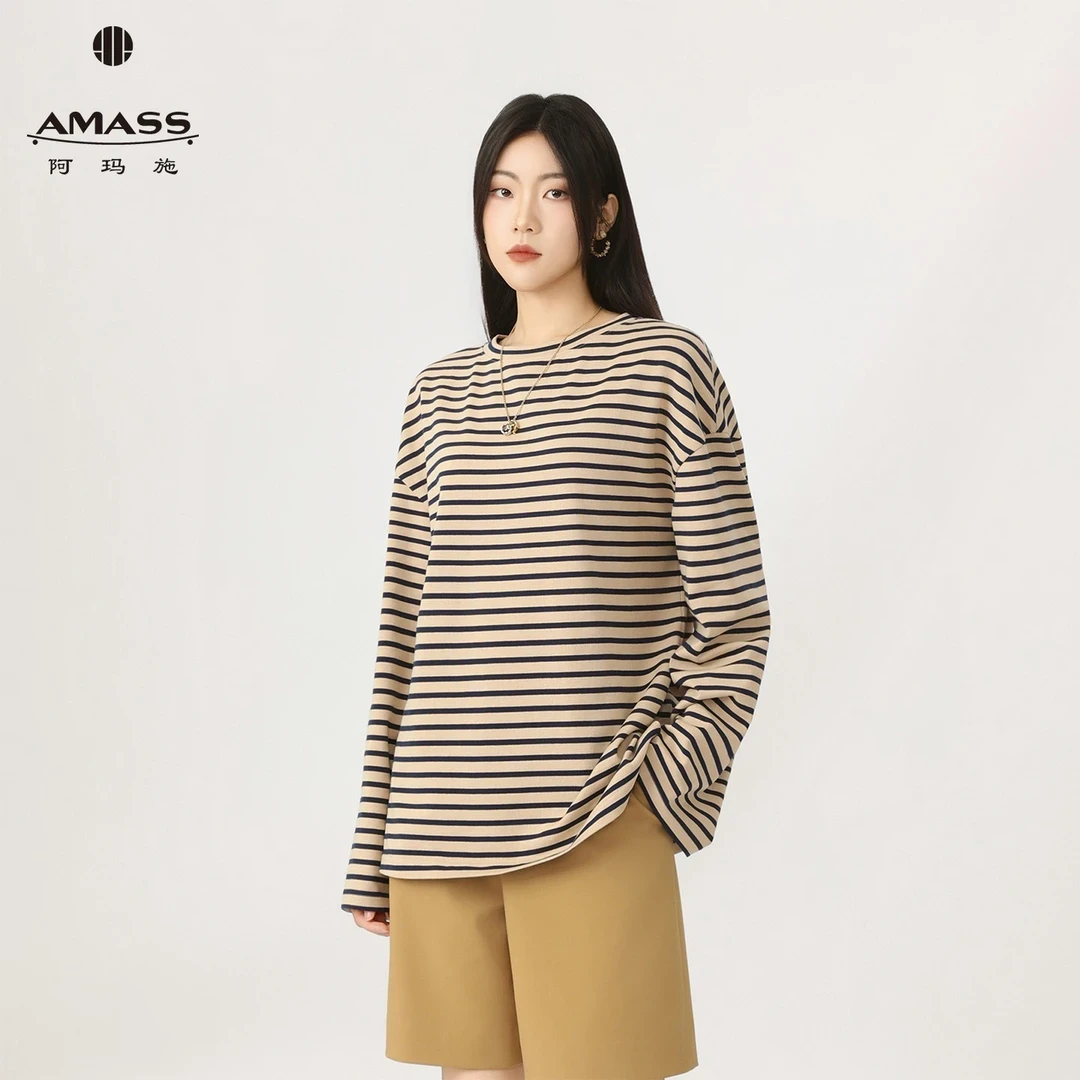 AMASS/阿玛施秋季韩系ins慵懒松弛感宽松显瘦条纹长袖T恤女530190